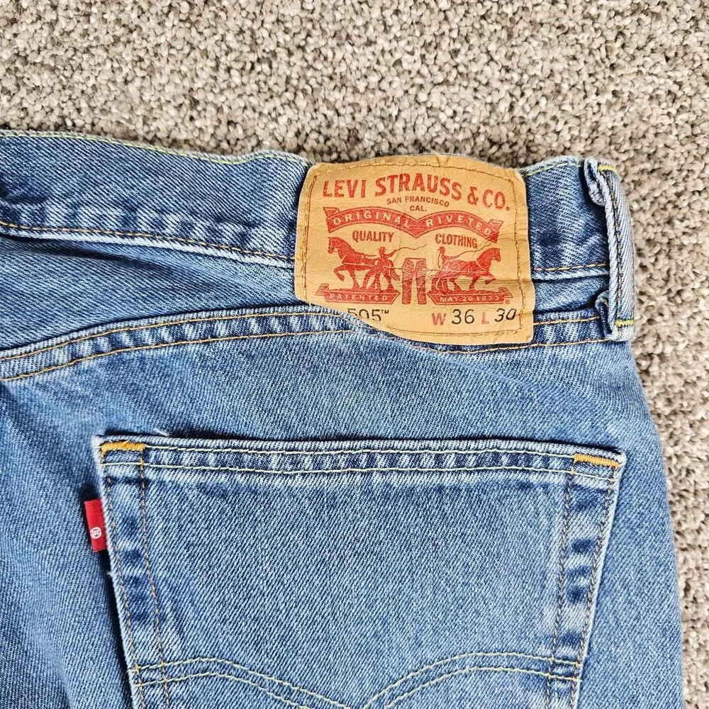 Levis 505 Jeans Mens 36x29 Blue Denim Regular Straight Grunge Distressed Skate